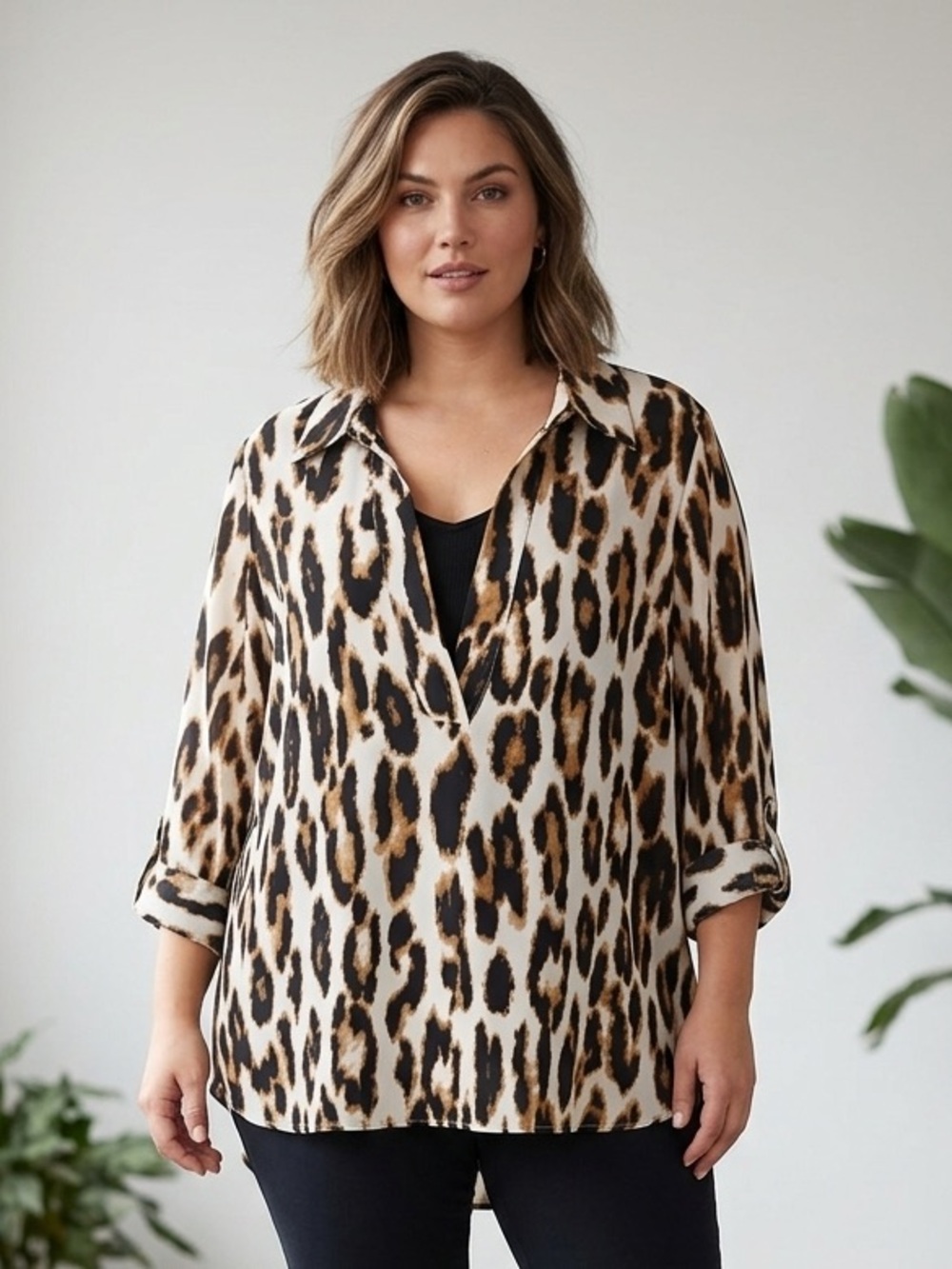 INVESTMENTS Animal Group Sheer Leopard Print Tunic Blouse with Tank Attached